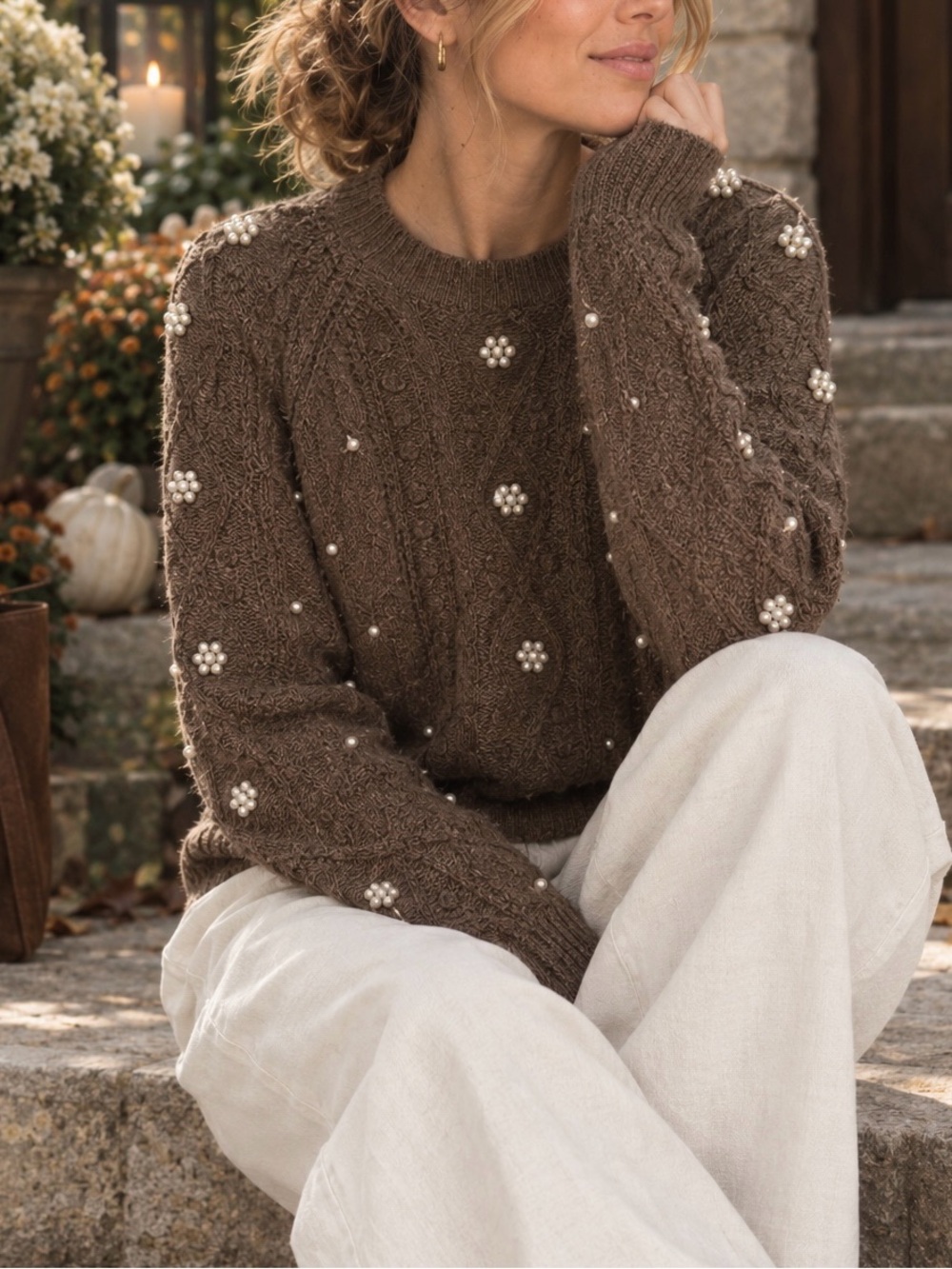 CeCe Women's Brown Pearl-Embellished Cable Knit Sweater S
